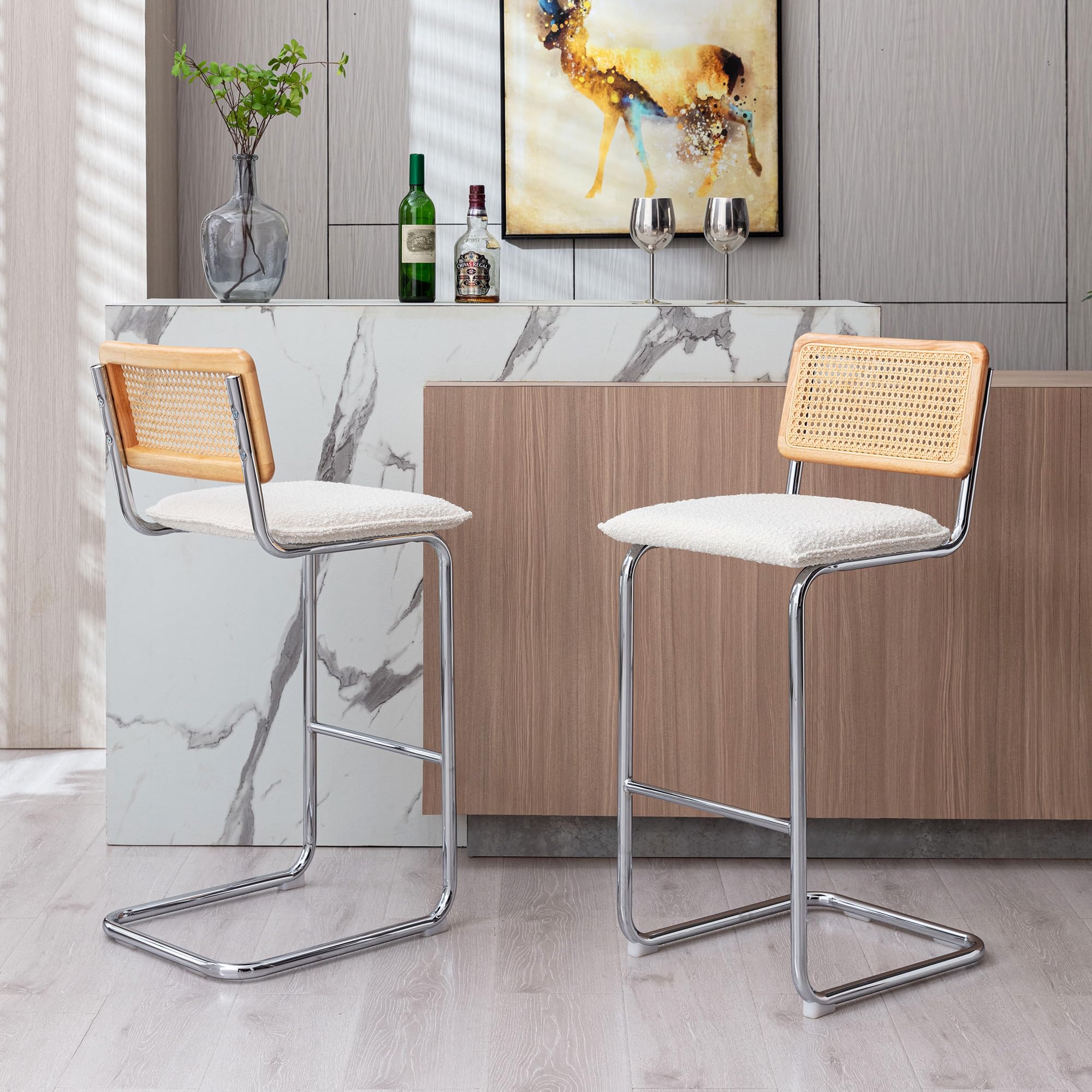 ONEVOG white boucle rattan bar stools