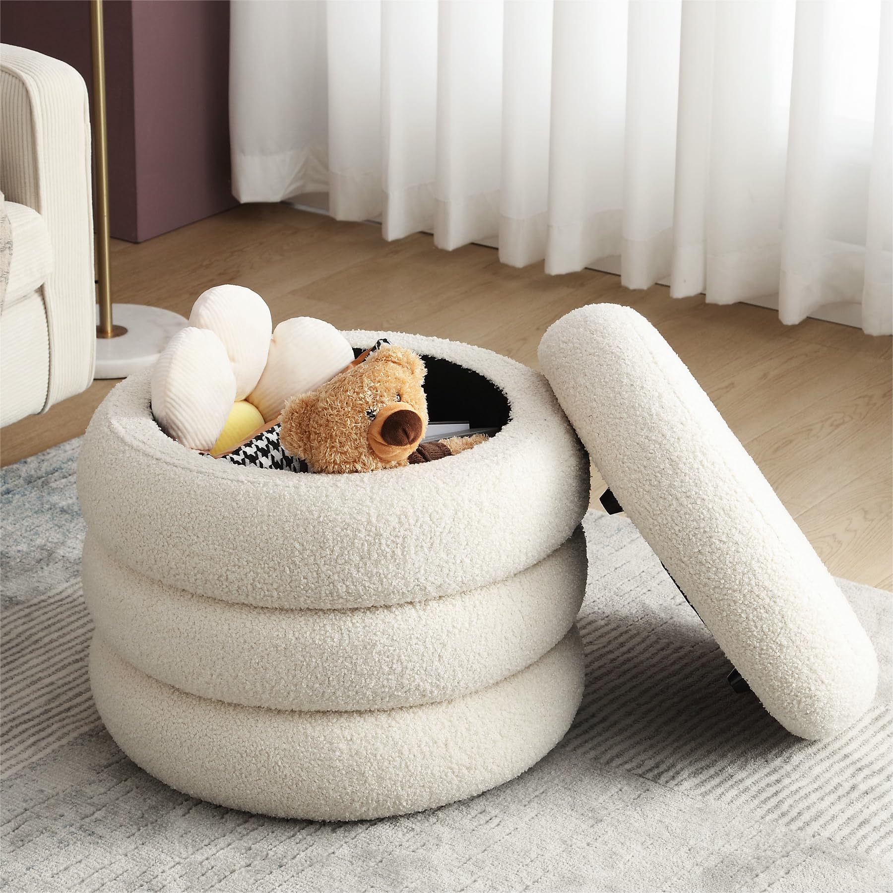 ONEVOG round storage ottoman in off-white boucle fabric