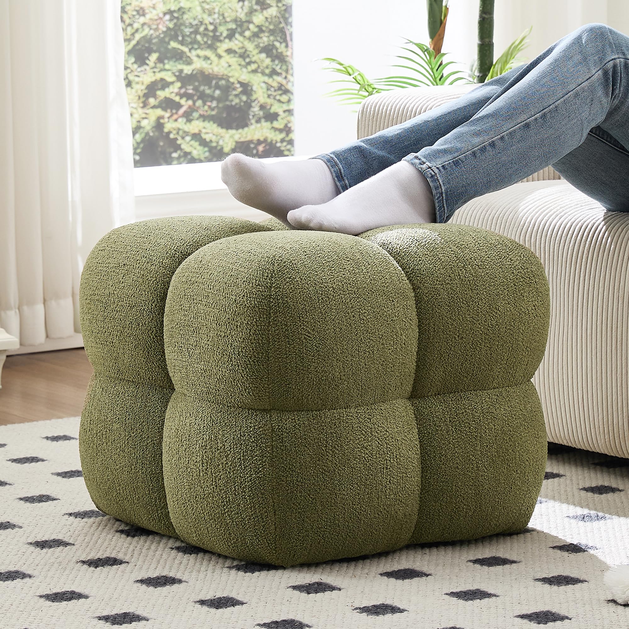ONEVOG olive green square fuzzy sherpa pouf ottoman