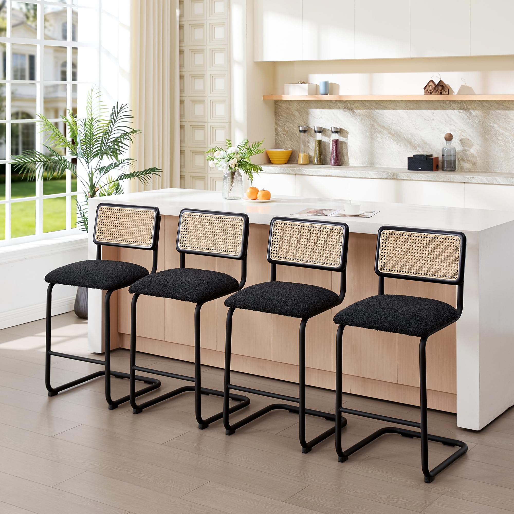 ONEVOG black boucle rattan counter height bar stools set of four